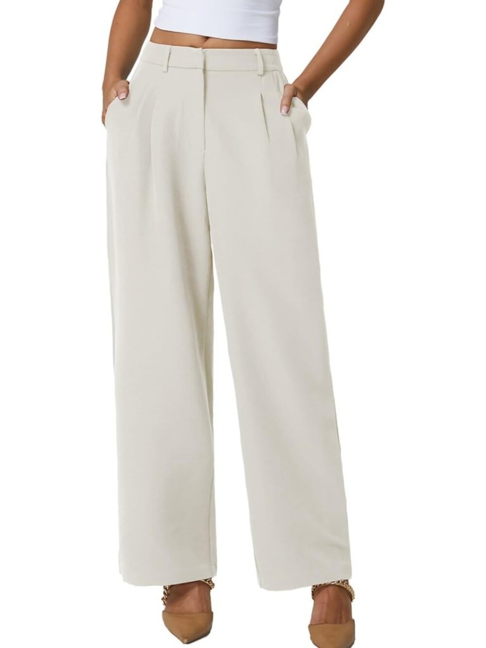 Women's Beige High Waisted Wrinkle Free Wide Leg Casual Slack Dress Pants